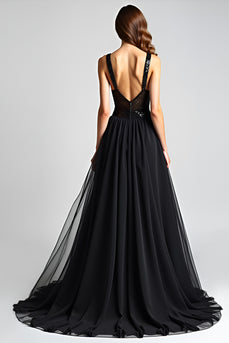Tulle Long Spaghetti Straps A Line Black Tie Dress