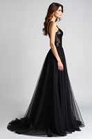 Load image into Gallery viewer, Tulle Long Spaghetti Straps A Line Black Tie Dress