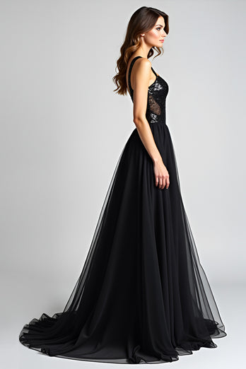 Tulle Long Spaghetti Straps A Line Black Tie Dress