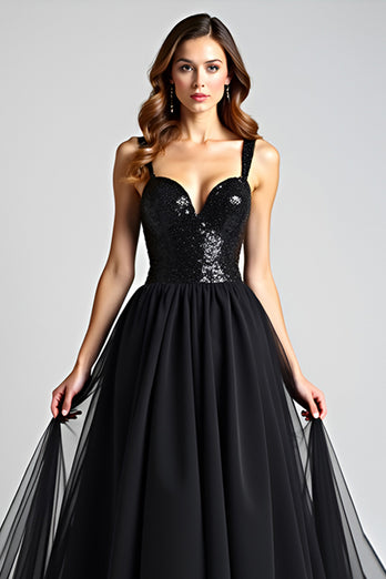Tulle Long Spaghetti Straps A Line Black Tie Dress