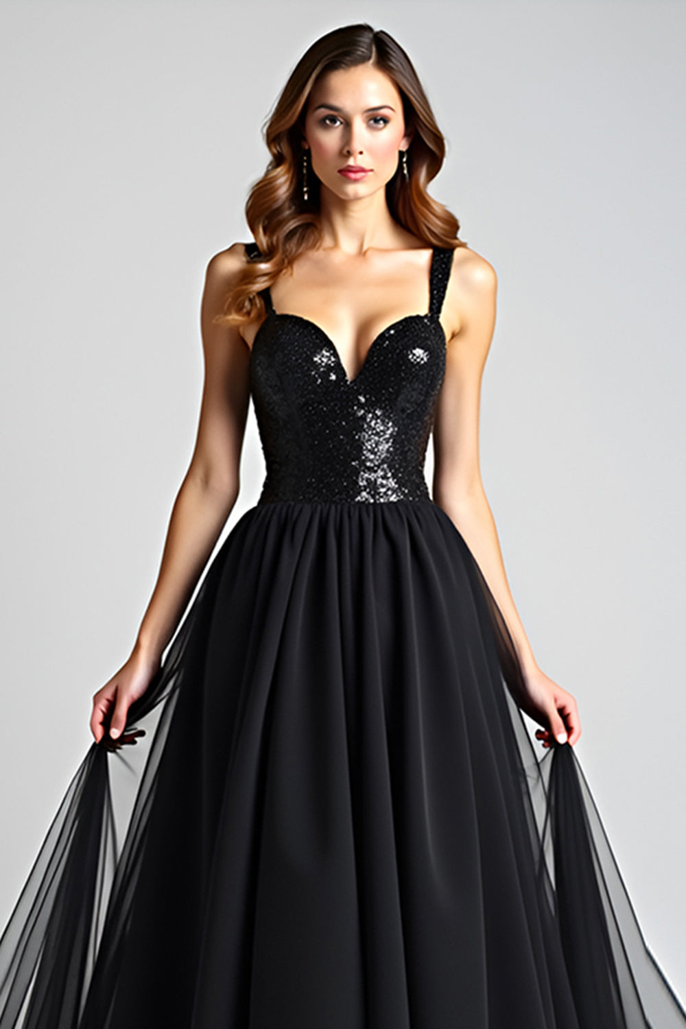 Tulle Long Spaghetti Straps A Line Black Tie Dress