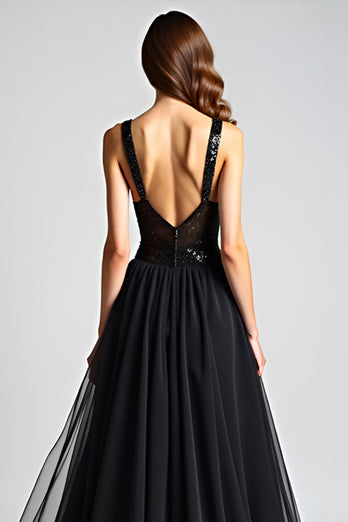 Tulle Long Spaghetti Straps A Line Black Tie Dress