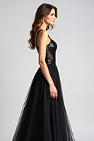 Load image into Gallery viewer, Tulle Long Spaghetti Straps A Line Black Tie Dress