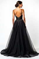 Load image into Gallery viewer, A Line Ruched Sweetheart Tulle Long Black Tie Dress