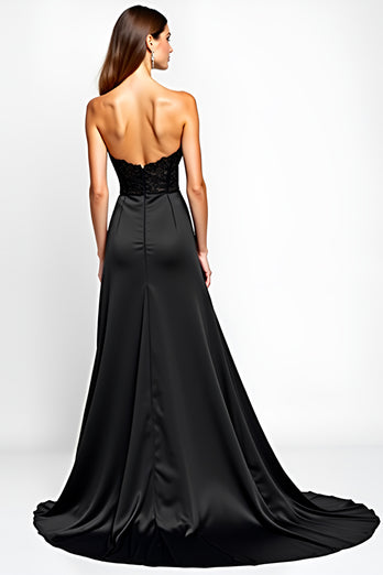 Sweetheart Corset Long Black Tie Dress With Slit