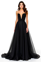 Load image into Gallery viewer, Lace Up Back A Line Long Tulle Black Tie Dress
