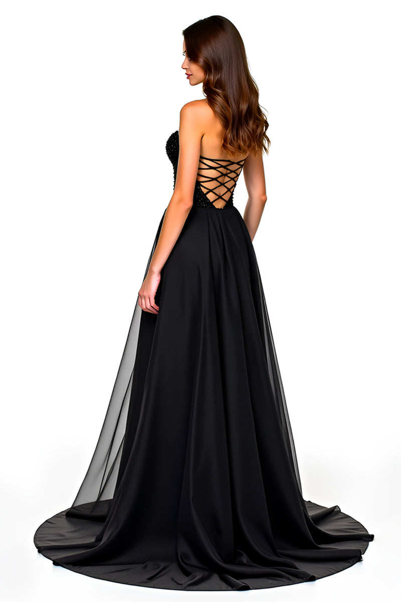 Load image into Gallery viewer, Lace Up Back A Line Long Tulle Black Tie Dress