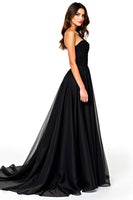 Load image into Gallery viewer, Lace Up Back A Line Long Tulle Black Tie Dress