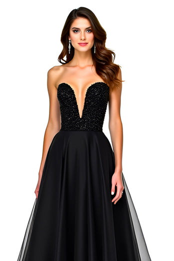 Lace Up Back A Line Long Tulle Black Tie Dress