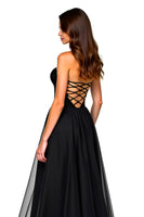 Load image into Gallery viewer, Lace Up Back A Line Long Tulle Black Tie Dress