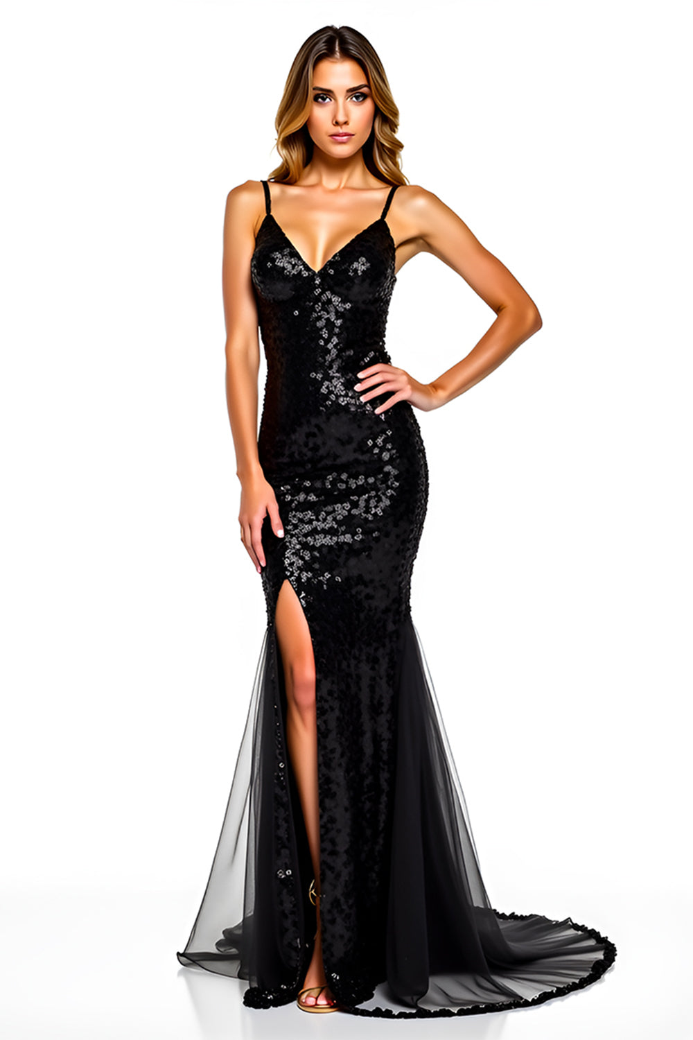 V-Neck Slit Mermaid Tulle Black Tie Dress With Sequins