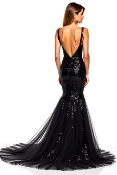 V-Neck Slit Mermaid Tulle Black Tie Dress With Sequins