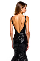 Load image into Gallery viewer, V-Neck Slit Mermaid Tulle Black Tie Dress With Sequins