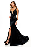 Load image into Gallery viewer, Mermaid Long Spaghetti Straps Black Tie Dress With Slit