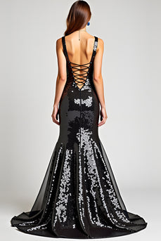 Sweetheart Long Sleeveless Lace Up Back Black Tie Dress