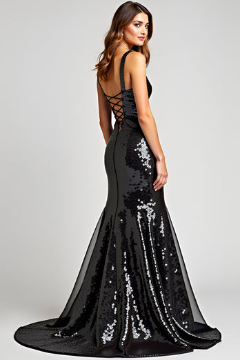 Sweetheart Long Sleeveless Lace Up Back Black Tie Dress