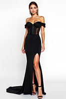 Load image into Gallery viewer, Off The Shoulder Mermaid Black Tie Dress With Slit