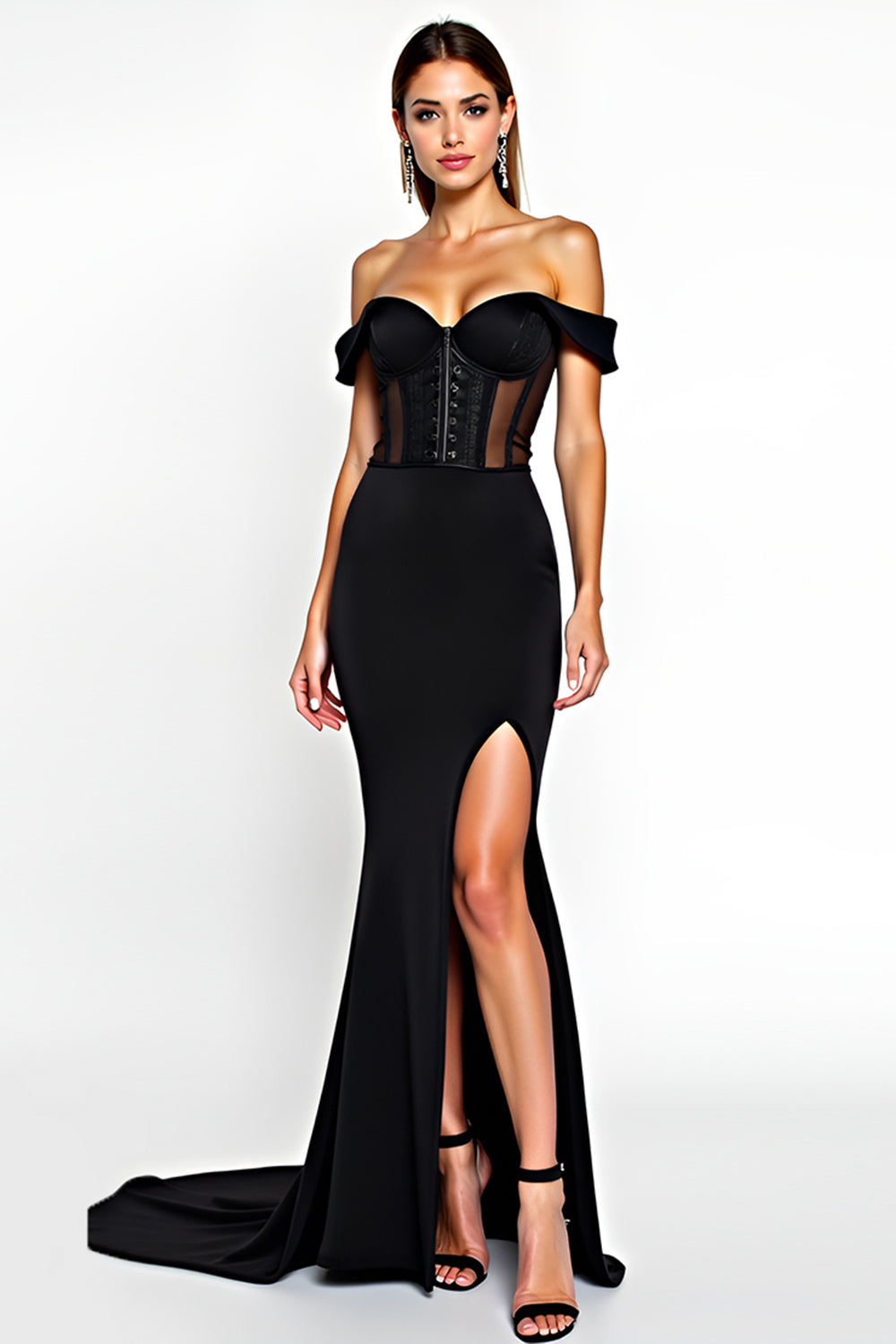 Off The Shoulder Mermaid Black Tie Dress With Slit