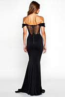 Load image into Gallery viewer, Off The Shoulder Mermaid Black Tie Dress With Slit