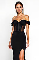 Load image into Gallery viewer, Off The Shoulder Mermaid Black Tie Dress With Slit