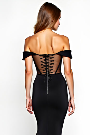Off The Shoulder Mermaid Black Tie Dress With Slit