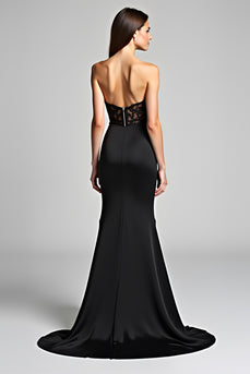 Sweetheart Tulle Long Mermaid Black Tie Dress With Slit