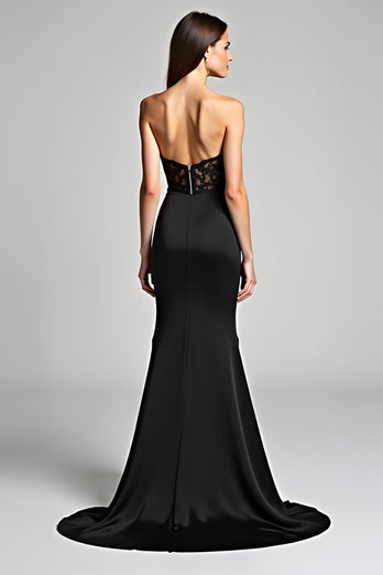 Sweetheart Tulle Long Mermaid Black Tie Dress With Slit