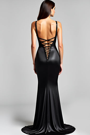 Mermaid Spaghetti Straps Sequin Black Tie Dress