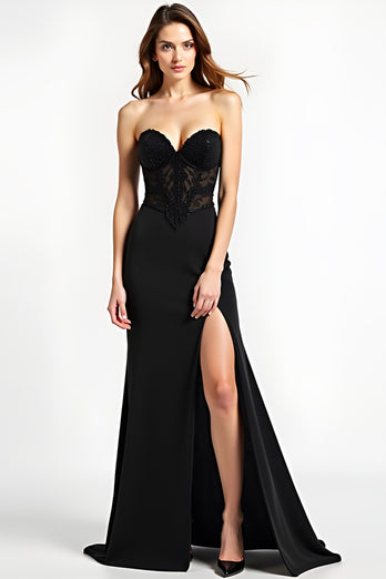 Mermaid Long Lace Up Back Black Tie Dress With Slit