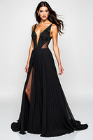 Load image into Gallery viewer, V-Neck Beaded A Line Long Black Tie Dress With Slit