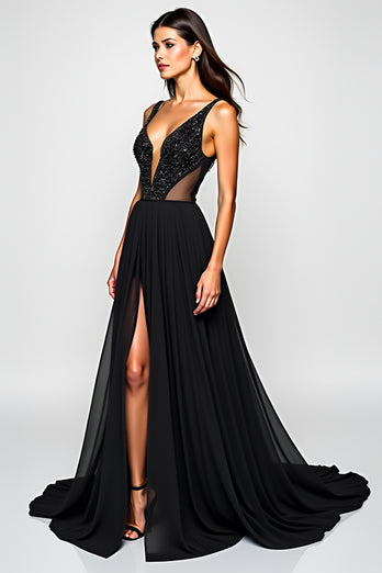 V-Neck Beaded A Line Long Black Tie Dress With Slit