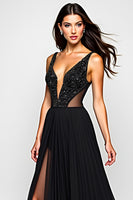 Load image into Gallery viewer, V-Neck Beaded A Line Long Black Tie Dress With Slit