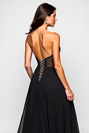 V-Neck Beaded A Line Long Black Tie Dress With Slit
