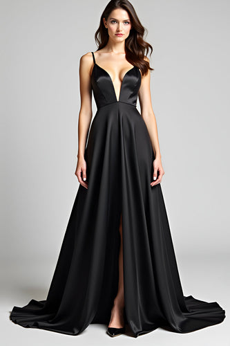A Line Spaghetti Straps Satin Black Tie Dress with Slit