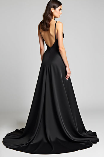 A Line Spaghetti Straps Satin Black Tie Dress with Slit