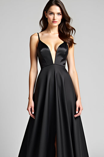 A Line Spaghetti Straps Satin Black Tie Dress with Slit