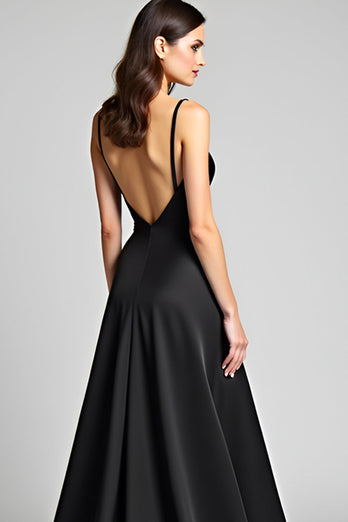 A Line Spaghetti Straps Satin Black Tie Dress with Slit