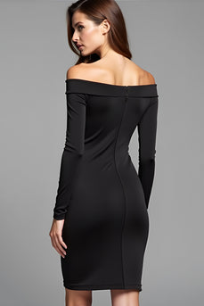 Bodycon Knee Length Long Sleeves Off The Shoulder Black Tie Dress