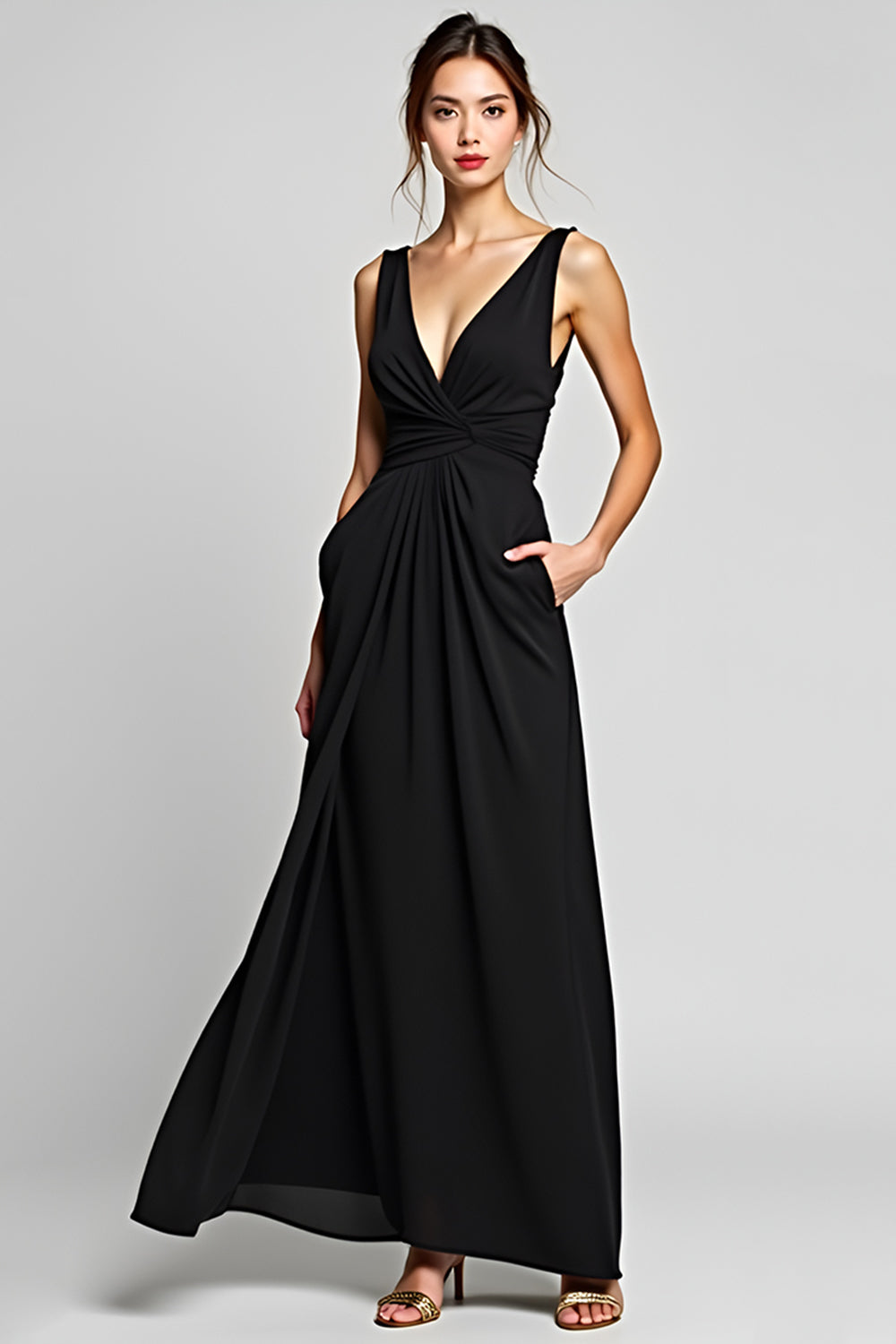 V-Neck Long A Line Black Tie Dress
