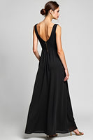 Load image into Gallery viewer, V-Neck Long A Line Black Tie Dress