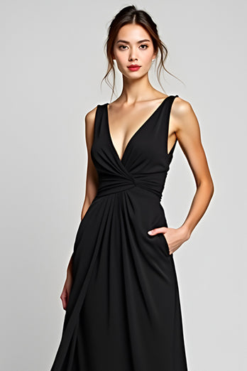 V-Neck Long A Line Black Tie Dress