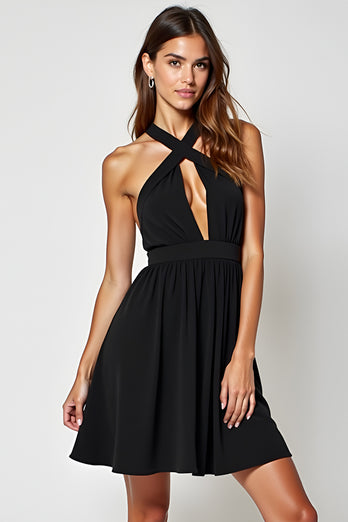 Ruched Hollow Out Knee Length Halter A Line Black Tie Dress