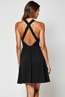 Ruched Hollow Out Knee Length Halter A Line Black Tie Dress