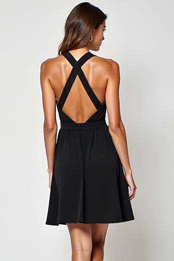 Ruched Hollow Out Knee Length Halter A Line Black Tie Dress