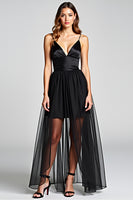 Load image into Gallery viewer, Tulle Long Ruched Spaghetti Straps Black Tie Dress