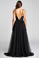 Load image into Gallery viewer, Tulle Long Ruched Spaghetti Straps Black Tie Dress