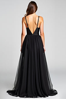Tulle Long Ruched Spaghetti Straps Black Tie Dress
