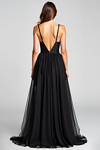 Tulle Long Ruched Spaghetti Straps Black Tie Dress