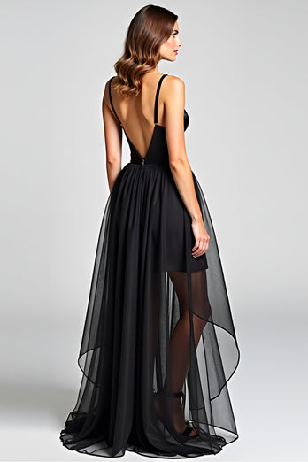 Tulle Long Ruched Spaghetti Straps Black Tie Dress
