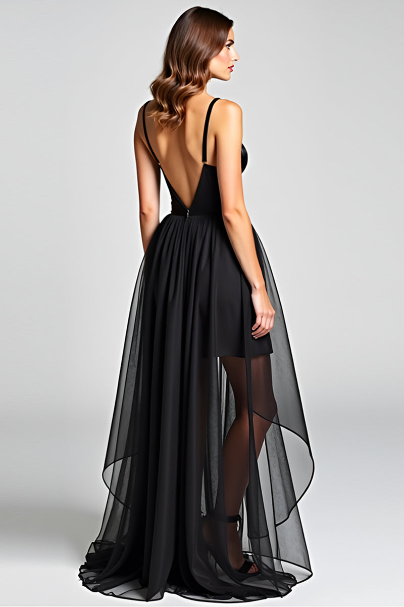 Load image into Gallery viewer, Tulle Long Ruched Spaghetti Straps Black Tie Dress